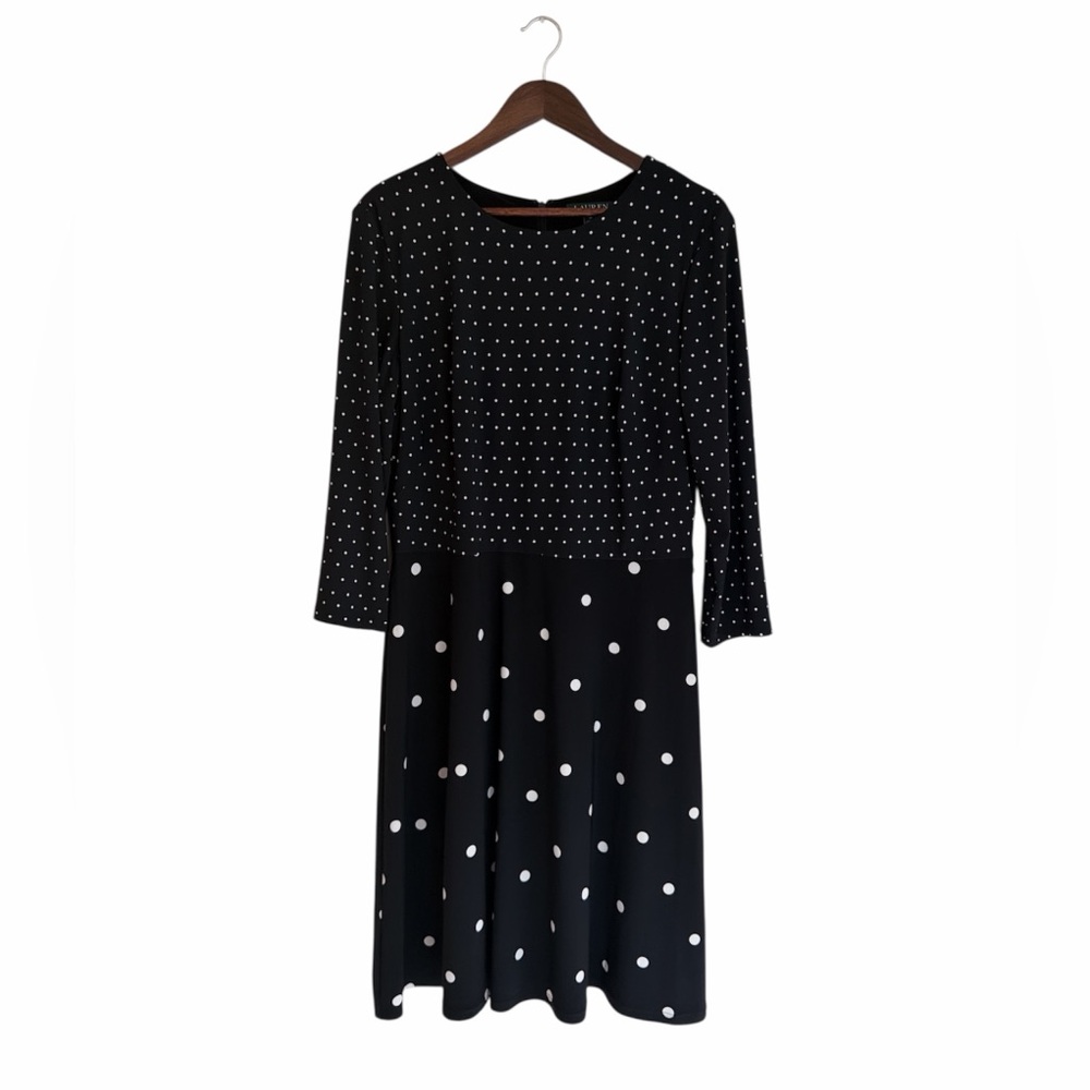 Lauren Ralph Lauren polka dot jersey dress size 16 black white stretch comfort